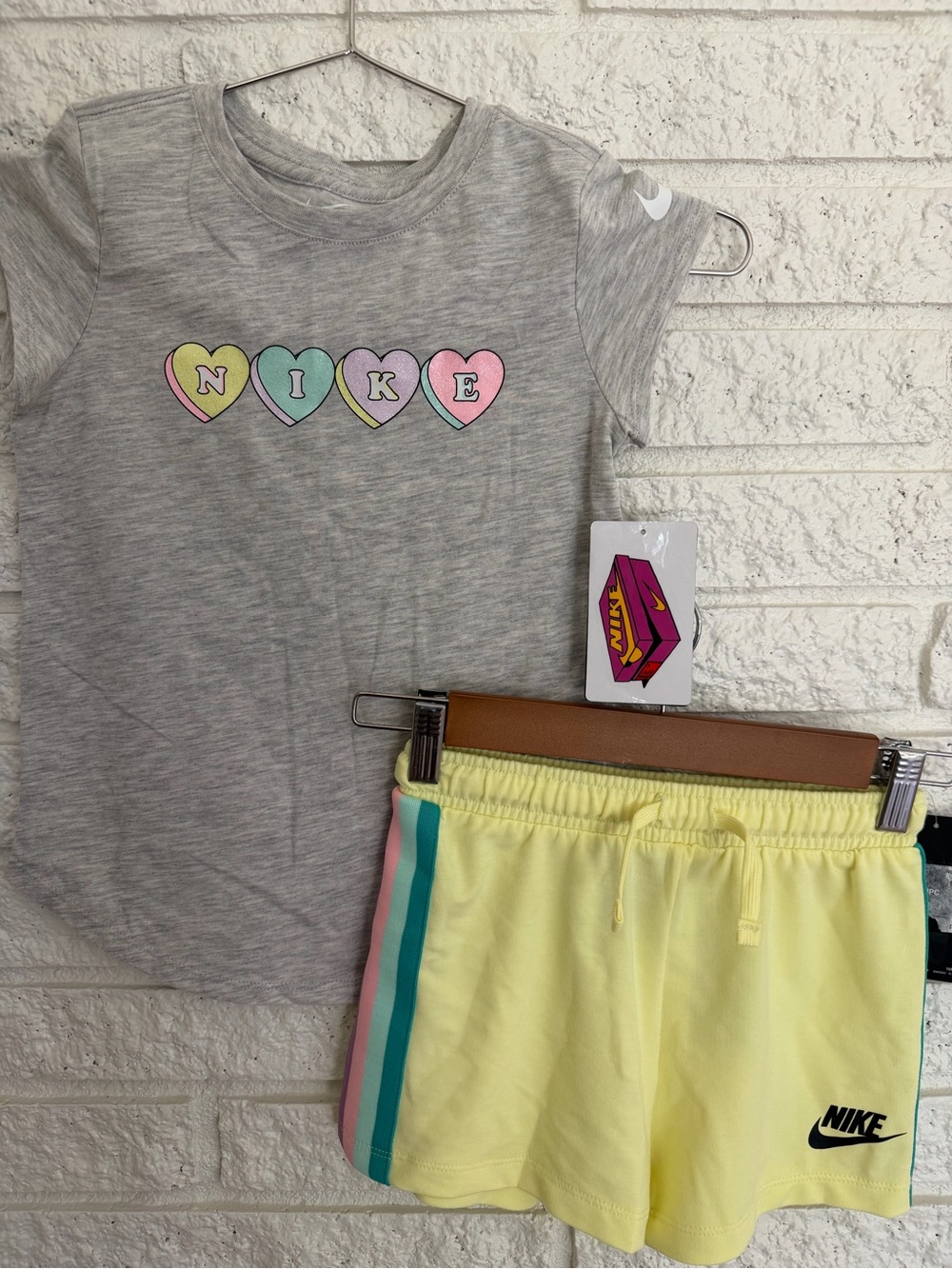 Nike Girls' Gray Heart Graphic Tee with Pastel Yellow Shorts